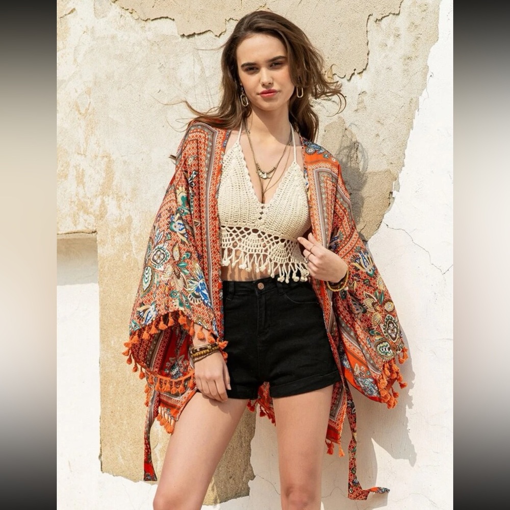 NWT Fringe Belted Kimono